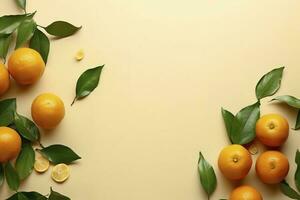 Whole orange yellow tangerines with green leaves on pastel beige background, copyspace. Citrus fruits mandarines as minimal food frame background, empty space, above view, generate ai photo