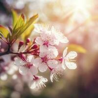 Spring blossom background. Nature scene with blooming tree and sun flare. Spring flowers. Beautiful orchard , generat ai photo