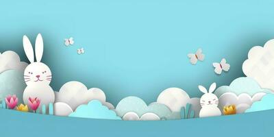 Horizontal banner with paper cut clouds, rabbit, eggs, and hearts, blue sky background, paper cut craft art. A place for text. Happy Easter Day sale concept, template with square frame, generate ai photo