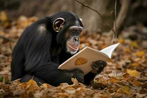 abierto libro con animal dibujos animados jugando en el parque debajo un grande árbol, generar ai foto