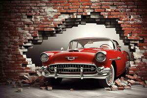 3d mural fondo de pantalla roto pared ladrillos y un clásico rojo coche. mundo mapa en un de colores antecedentes. para para niños y niños cama habitación fondo de pantalla, generar ai foto