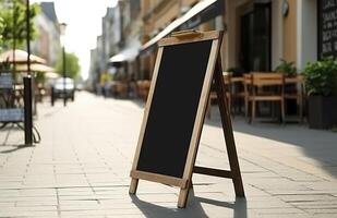 Blank restaurant shop sign or menu boards near the entrance to restaurant. Cafe menu on the street. Blackboard sign in front of a restaurant. Signboard, freestanding A-frame blackboard. . photo