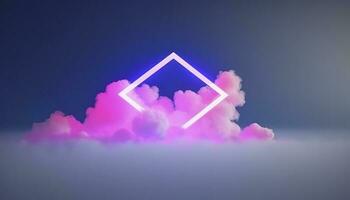 3d render, abstract minimal background with pink blue yellow neon light square frame with copy space, illuminated stormy clouds, glowing geometric shape, generate ai photo