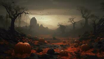 Scary photo of halloween pumpkin in dark autumn forest halloween celebration background, generate ai