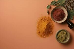 Flat lay composition with henna and turmeric powder on coral background, space for text. Natural hair coloring, generate ai photo