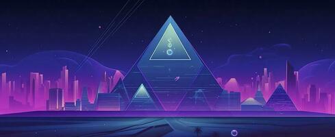 Retro Pyramids on 80s Synthwave Neon Landscape with Glowing Sun - Abstract Background Texture, generate ai photo