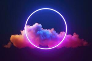 3d render, abstract cloud illuminated with neon light ring on dark night sky. Glowing geometric shape, round frame, generate ai photo