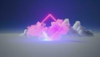 3d render, abstract minimal background with pink blue yellow neon light square frame with copy space, illuminated stormy clouds, glowing geometric shape, generate ai photo