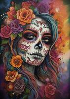 día de el muerto calaveras dia Delaware los muertos. día de el muerto y mexicano Víspera de Todos los Santos antecedentes. mexicano tradicion festival. día de el muerto azúcar cráneo. dia Delaware los muertos, generar ai foto