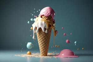 This illustration depicts a melting ice cream cone in a variety of vibrant colors, creating a deliciously drippy effect. The playful and whimsical design. technology photo