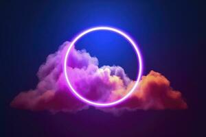 3d render, abstract cloud illuminated with neon light ring on dark night sky. Glowing geometric shape, round frame, generate ai photo