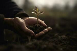 un niño participación un planta en su manos con un verde antecedentes y luz de sol brillante mediante el hojas en el planta, generar ai foto