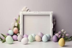 Colorful Easter Eggs with white frame copy space , photo