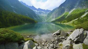 Reflection of mountain range in lake, Grand Teton National Park, generate ai photo