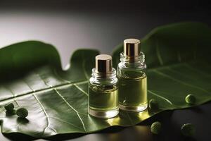 Cosmetic serum in a glass bottles with a pipette on a dark background with green leaves on a dark background. Skin care serum, essential oils, spa and wellness. Natural cosmetic. . photo