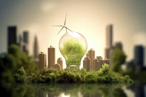 Energy consumption and CO2 gas emissions are increasing light bulbs with green eco city, Renewable energy by 2050 Carbon neutral energy, Save energy creative idea concept, . photo