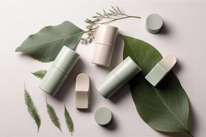 eco simpático productos cosméticos decorado con verde hojas, orgánico facial protección de la piel, maquillaje y piel cuidado cosmético elementos. ai generado imagen. foto