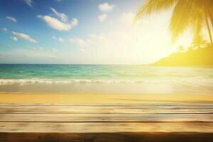 Empty wooden table on a beautiful blured tropical beach background. Summer holiday background for product display, generate ai photo