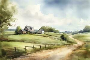 un acuarela pintura de un rural campo escena, presentando un pintoresco granja o granero, laminación sierras, y un azul cielo con mullido nubes, generar ai foto