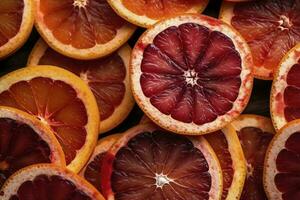 Many slices of juicy blood orange fruits as background, generate ai photo
