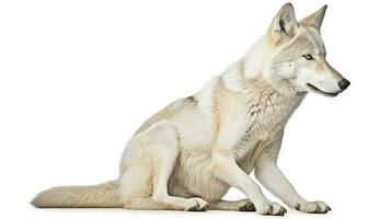 A lone coyote Canis latrans isolated on white background w in the winter snow in Canada, generate ai photo