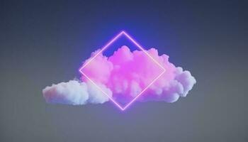 3d render, abstract minimal background with pink blue yellow neon light square frame with copy space, illuminated stormy clouds, glowing geometric shape, generate ai photo