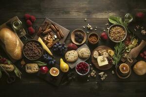 Table scene with a selection of delicious foods. Top view over a dark wood banner background, generate ai photo
