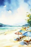 Beautiful beach banner. White sand, chairs, and umbrella travel tourism wide panorama background concept. Amazing beach watercolor landscape watercolor painting, generate ai photo