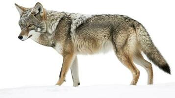 A lone coyote Canis latrans isolated on white background walking and hunting in the winter snow in Canada, generate ai photo