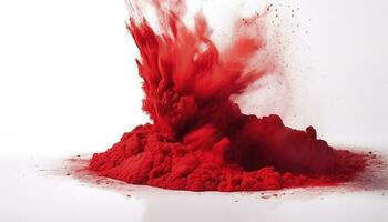 bright red holi paint color powder festival explosion isolated white background. industrial print concept background, generate ai photo