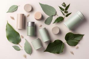 Eco friendly cosmetics decorated with green leaves, organic facial skincare, makeup and skin care cosmetic items. image. photo