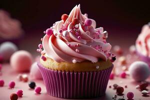 Celebration birthday pink cupcake with lots of icing and decorations, Happy birthday Party, Generate Ai photo