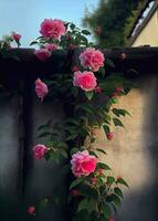 group of pink roses sitting on top of a wooden fence, generate ai photo