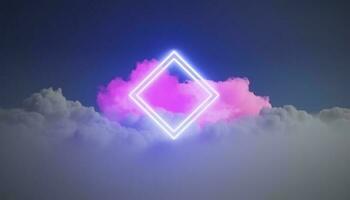 3d render, abstract minimal background with pink blue yellow neon light square frame with copy space, illuminated stormy clouds, glowing geometric shape, generate ai photo