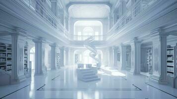 artificial intelligence white library classroom in space, a futuristic  library with a lot of books with natural light,  photorealistic 2050, generate ai photo