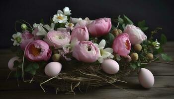 rosado primavera flor acuerdo, Pascua de Resurrección decoración, generar ai foto