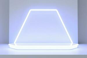 Realistic podium display with neon white lights, Product display background with light frame, White prodium product display with light effect, neon lights background, generate ai photo