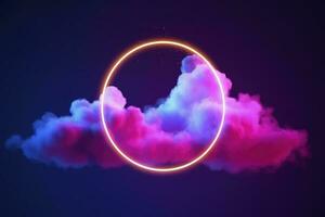 3d render, abstract cloud illuminated with neon light ring on dark night sky. Glowing geometric shape, round frame, generate ai photo