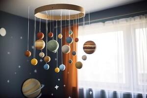 Solar system made of felt, hanging mobile above the baby crib, child toys, science for infants. Baby crib mobile with stars, planets and moon. First baby eco-friendly toys. image. photo