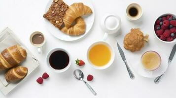 sano desayuno con harina de avena papilla, fresa, nueces, tostada, mermelada y té. parte superior vista, generar ai foto