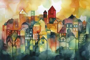 watercolor painting of a city skyline, featuring intricate architecture and reflections on water or glass surfaces, generate ai photo