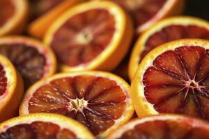 Many slices of juicy blood orange fruits as background, generate ai photo