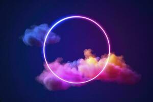 3d render, abstract cloud illuminated with neon light ring on dark night sky. Glowing geometric shape, round frame, generate ai photo