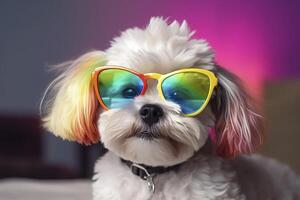 Cute puppy with colorful sunglasses , symbolic of LGBTQ campaign , photo