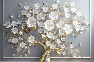 3d wallpaper floral tree background with white flower leaves and golden stem. interior wall home decor, generate ai photo