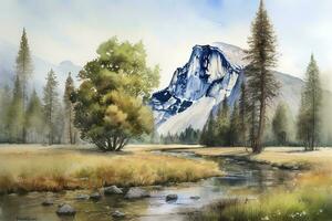 watercolor painting of a national park, featuring iconic landmarks, such as Old Faithful in Yellowstone or Half Dome in Yosemite, and intricate details of nature and wildlife, generate ai photo