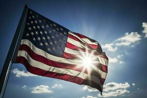 Backlit us national flag flying and waving in the wind over gray stormy cloudy sky, symbol of american patriotism, low angle, generate ai photo