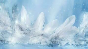 a bright blue background with one white feather, in the style of soft and dreamy pastels, glimmering light effects, nature inspired imagery, fairycore, soft focal points, generate ai photo