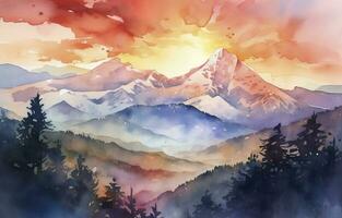 Paint a watercolor landscape of a mountain range with snow-capped peaks, featuring a vibrant sunset sky and intricate details of rocks and trees, generate ai photo