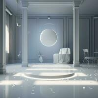 Abstract 3D silver cylinder pedestal podium floating on air with glowing neon ring background. Silver wall scene for product display presentation. rendering geometric platform, generate ai photo